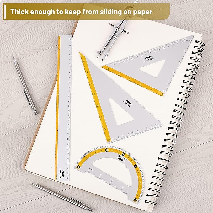 Mr. Pen- Metal Geometry Kit, 4 Pack, 45° & 30°/60° Set Squares, 6" Protractor & 12" Ruler, Durable Metal Drafting Tools for Technical Drawing, Math, Engineering & Architecture