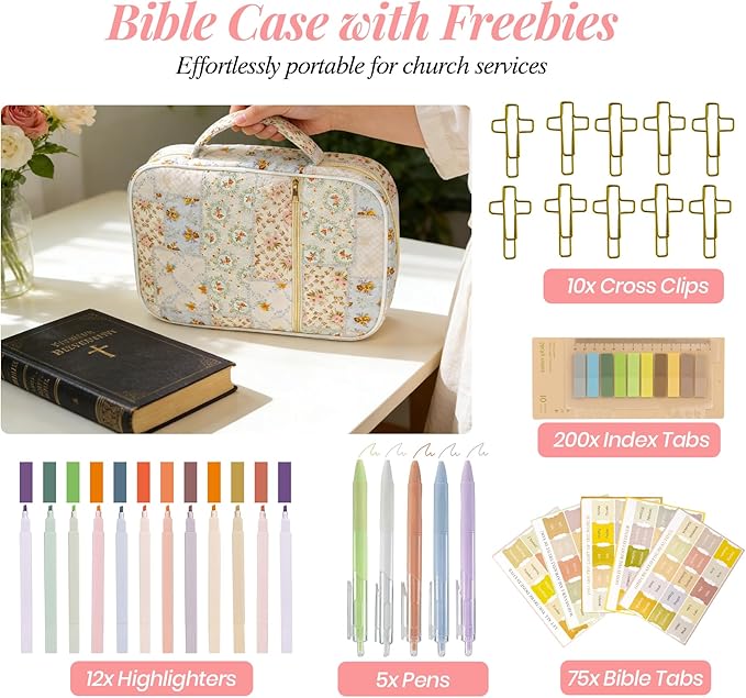 Bible Cover Case for Women, Large Bible Bag with Bible Study Supplies Accessories Christian Gifts for Women, Portable with Sturdy Handle and Highlighters, Spliced Flower
