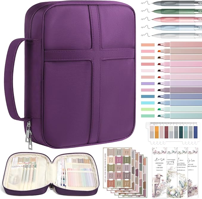 XKDOUS Bible Cover, Large Bible Bag with Durable Handle, Cross Design Waterproof Bible Case with Bible Study Supplies, Christian Gift for Mom, Women and Men (Purple)