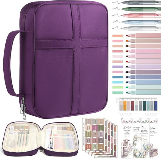XKDOUS Bible Cover, Large Bible Bag with Durable Handle, Cross Design Waterproof Bible Case with Bible Study Supplies, Christian Gift for Mom, Women and Men (Purple)