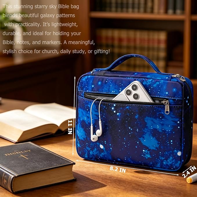 JIANYA Bible Cover Bible Case Bible Book Cover Carrying Case Church Bag with Handle and Zippered Pocket, Galaxy Blue
