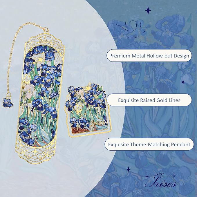 Luxury Metal Bookmark & Book Clip Gift Set, Oil Painting Themed Irises, 1 Bookmark with Pendant + 1 Book Clip, Elegant Christmas New Year Gift Box for Women Book Lovers Writers Readers Teenage