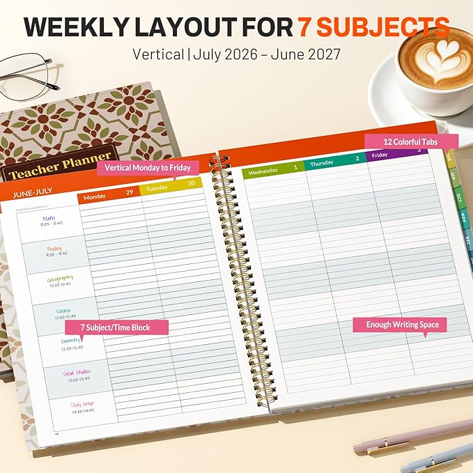 SUNEE Teacher Planner 2026-2027 Academic Year, 7 Periods Lesson Plan Book Jul 2026 - Jun 2027, 8.5"x11" Weekly Monthly Organizers Vertical Layout with Calendar, Bookmark, Waterproof Cover,Retro Floral