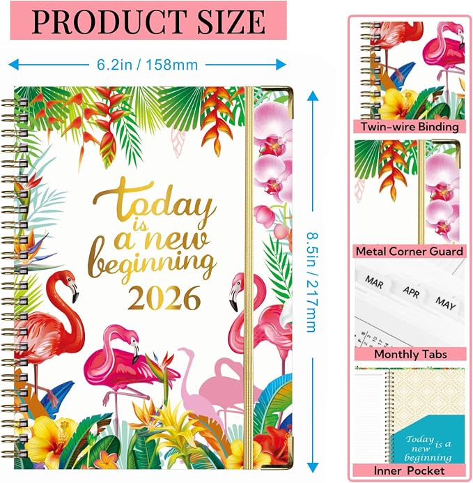 2026 Academic Daily Women Planner, Jan 2026-Dec 2026 Weekly and Monthly Teacher Planning Book,Cute Hard Cover Calendar Book with Tabs, A5 (6.3" x 8.5") for School Office Home, Flamingos