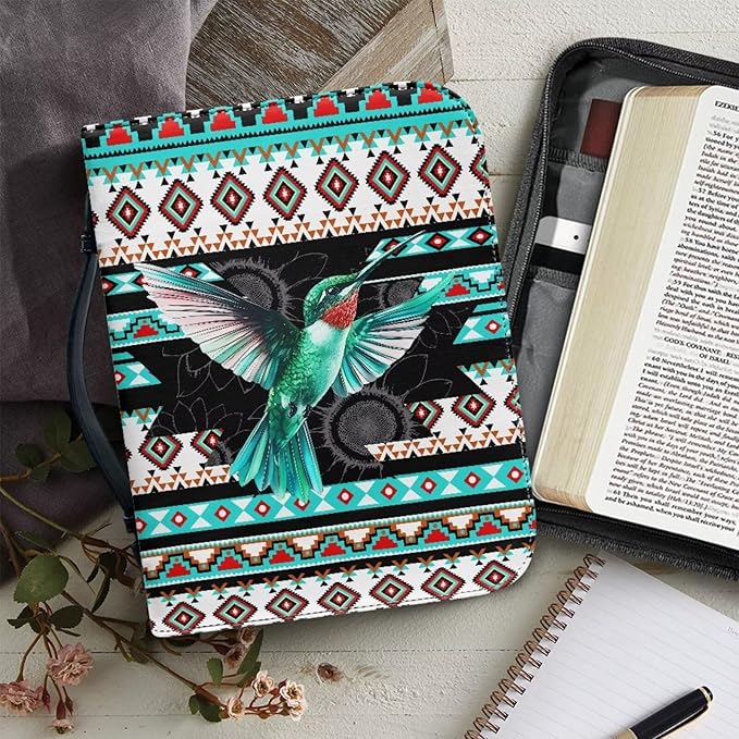 Leather Bible Cover Large Bible Case for Women Bible Bags with Bookmark Set,Aztec Boho Bird,Medium