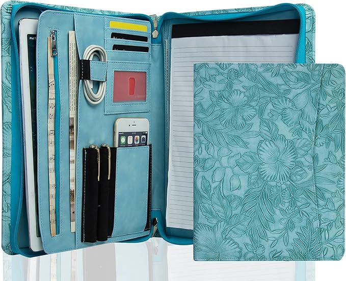 AZXCG Leather Portfolio with Zipper, Embossed PU Leather Padfolio Folio, Professional Business Document Organizer with A4 Letter Sized Writing Pad Holder(Sky Blue, Standard)