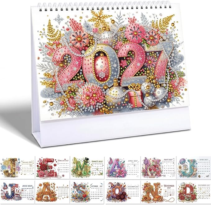 2027 Standing Desk Calendar DIY Diamond Art Painting Monthly Flip Dates Alphabet Theme Tabletop Calendars Diamond Art Craft Supplies Planner Office Home-Letter