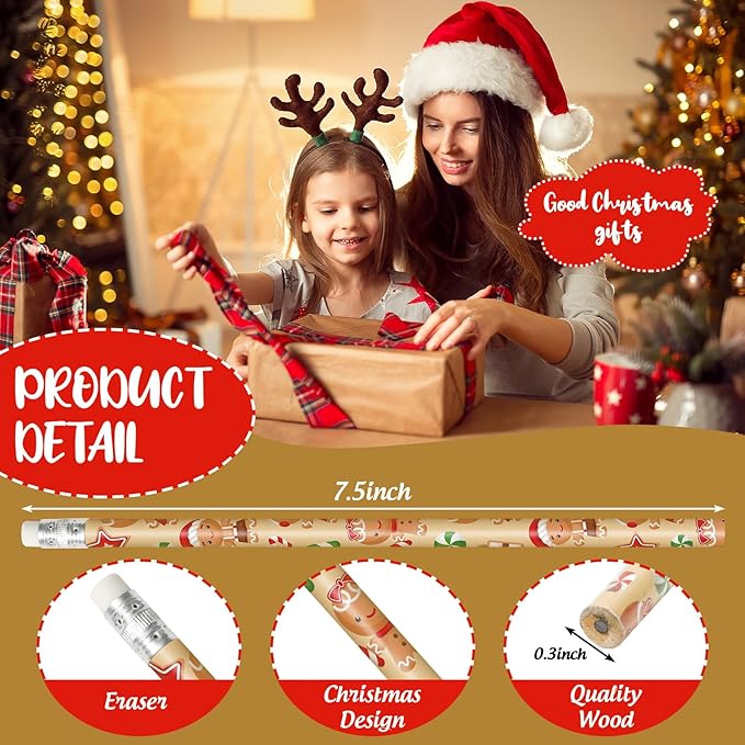 Whaline 36Pcs Christmas Pencils with Erasers Cute Gingerbread Man Writing Pencil Cartoon Christmas Wood Pencils for Winter Xmas Stationery Gift Party Favors