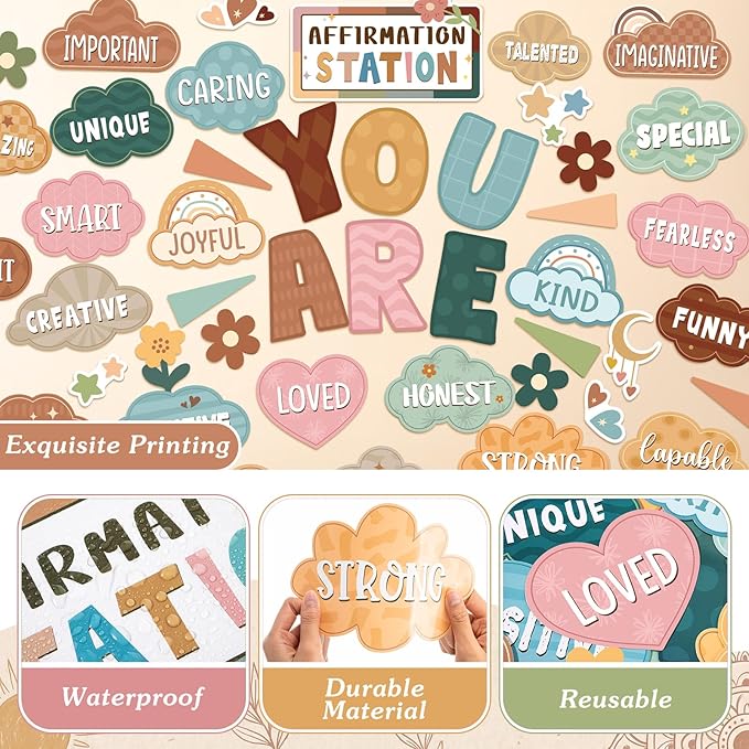 45pcs Classic Boho Bulletin Board Set Motivational Posters Classroom Mirror Growth Mindset Decor Positive Affirmations Accents Cutouts for School Office Home Teacher Wall