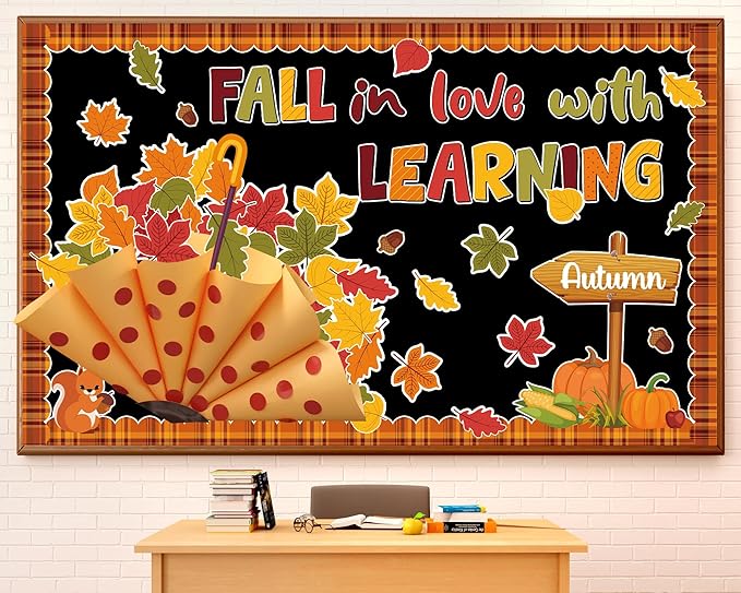 3D Fall Bulletin Board Set Autumn Classroom Decorations Umbrella Cutouts Fall in Love with Learning Paper Cutouts 101Pcs for Thanksgiving School Chalkboard Home Wall Door Teacher Supplies