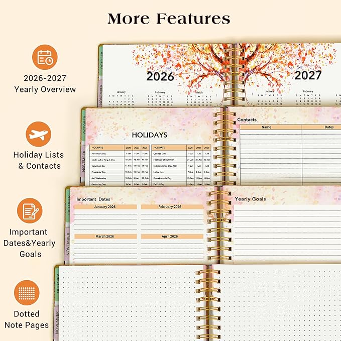 Planner 2026-2027, 18 Months Weekly and Monthly Daily Planner from January 2026 - June 2027, 5.75" x 8.38" A5 Hardcover Agenda Organizer Book 2026 with Tabs, Spiral Yearly Calendar Planners for School Work Home, Autumn Tree