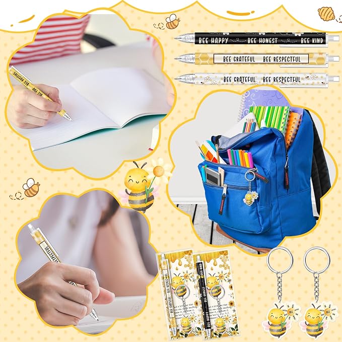 Kosiz 30 Sets Bee Party Favors End of Year Gifts Positive Ballpoint Pens Honey Flower Keychains and Bookmarks Bulk Bee Themed Inspiration Gifts for Student Class Reward School Office Prizes