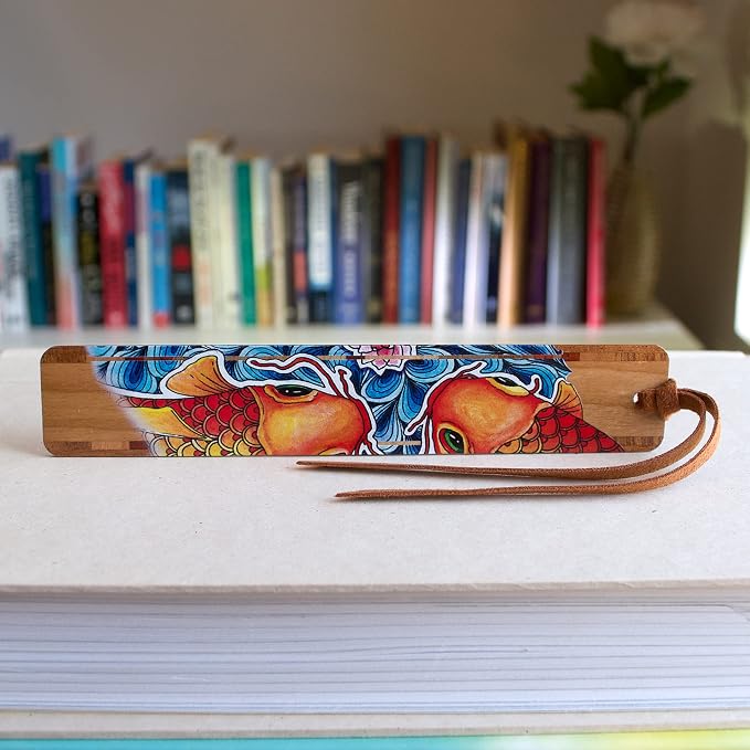 Japanese Koi Fish by Christi Sobel Personalized Wooden Bookmark | Custom Koi Pond Art Gift for Fish Lovers, Pond Enthusiasts, Gardeners & Readers | Handmade in the USA