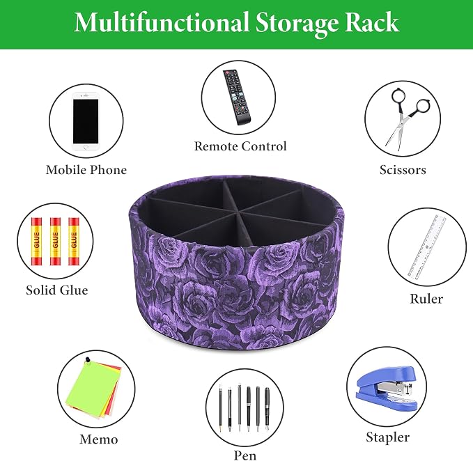 Remote Control Holder, 360°Spinning PU Leather Desk TV Remote Caddy,Desk Storage Box Room Accessories for Controller, Media,Mail,Calculator, Mobile Phone,Pencil(1-B3D Purple)
