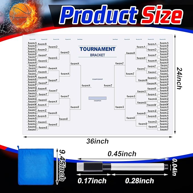 Pasimy 64 Team Basketball Tournament Bracket Board 24 x 36 Inch Reusable Sport Team Dry Erase Board Blank with Marker Pen Cloth Eraser for Game School Classroom Gift Party Favor