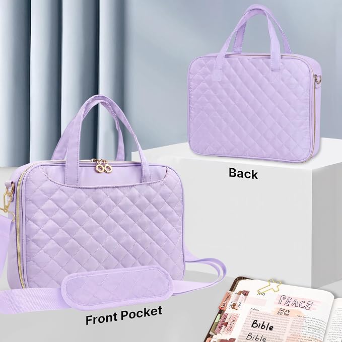 PUGPIU Bible Cover Case for Women, Large Quilted Bible Bag with Shoulder Strap and Handle, Bible Study Supplies Journaling Kit with Highlighters Pens No Bleed Tabs Notebook Cross Clips (Light Purple)