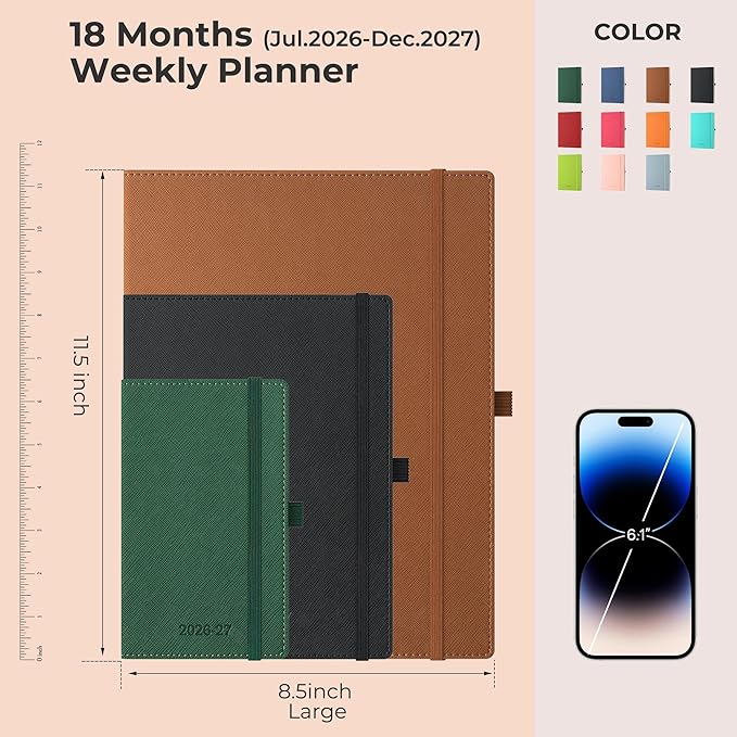 Weekly Monthly 2026-2027 Planner (July 26-Dec 27),11.5"x8.5",18 Months Agenda Plan with Month Tabs & Pocket,Expenses/Note Pages, Academic Calendar with Vegan Leather Cover,Black
