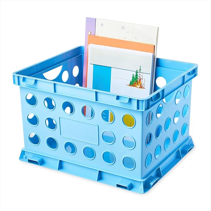 Storage Crate with Handles, 6 Pack Plastic File Organizer Box for Letter Legal Size Documents, Stackable Office Supply Container, 14x10.5x16.97 Inch, Blue