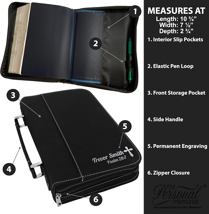 My Personal Memories Personalized Bible Cover Holder Case with Carrying Handle for Men and Women (Black with Silver)