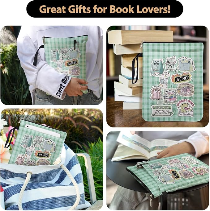 Green Checkered Collage Style Book Covers for Book Lovers with Handle Pocket, Book Club Gifts for Chritsmas, Reading Accessories for Women Friends Reader Bookish