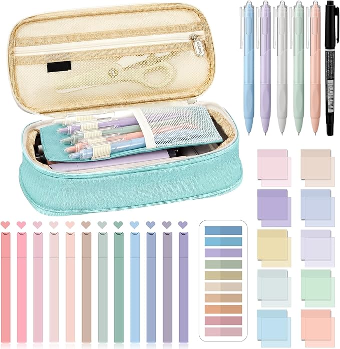 Jutom 39 Pcs Aesthetic Book Annotation Kit Highlighter with Pencil Case Bag Gel Pen Transparent Sticky Note Taking Bible Study College School Supplies(Mint Green,Cute Style)