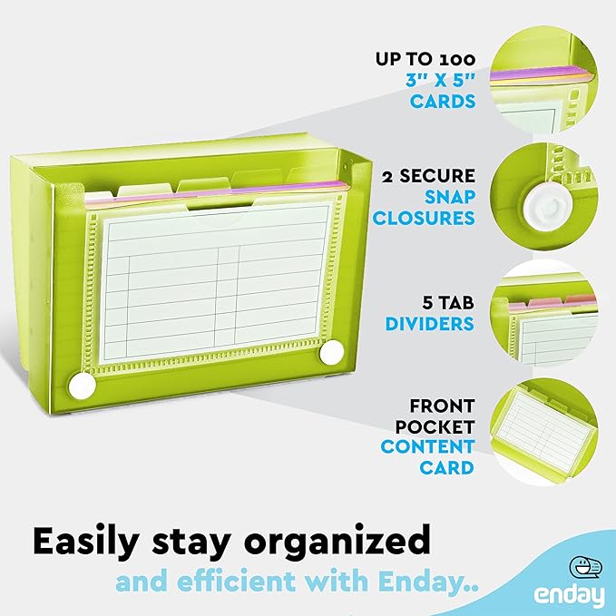Index Card Holder Green, 3x5 Note Flash Card Organizer Case, File Box with 5 Dividers, Notecard Box Holds 100 Cards, Also Available in Red, Purple, Blue, Pink, Grey, 1 Pack – By Enday