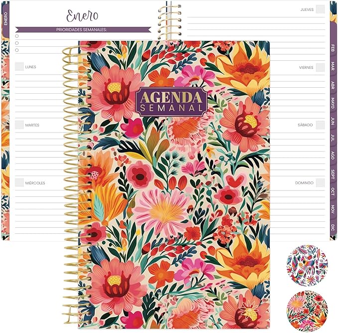 bloom daily planners UNDATED Spanish Calendar Year Day Planner - Passion/Goal Organizer - Start Anytime Monthly & Weekly Agenda Book with Tabs (January to December) - 5.5" x 8.25" - Cheerful Garden