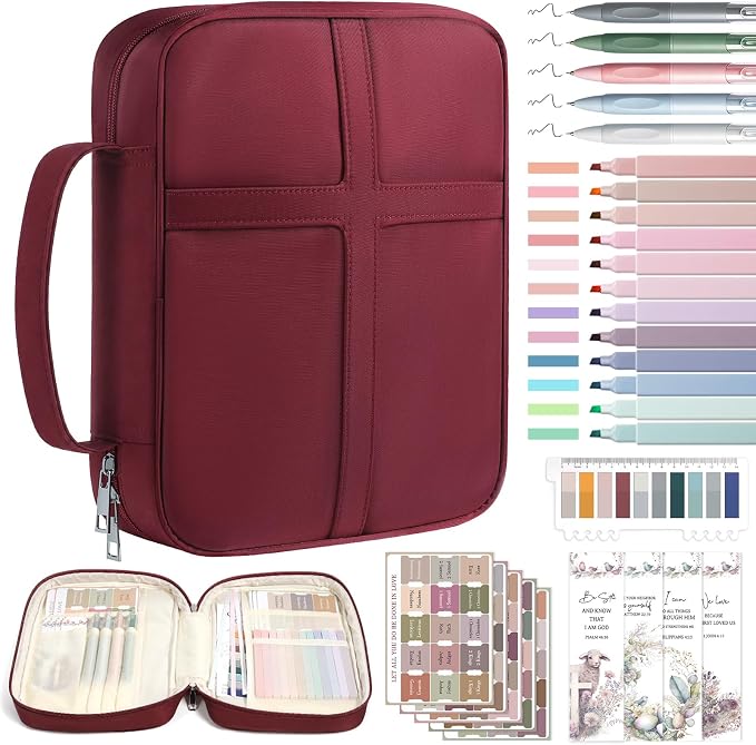 XKDOUS Bible Cover, Large Bible Bag with Durable Handle, Cross Design Waterproof Bible Case with Bible Study Supplies, Christian Gift for Mom, Women and Men (Burgundy)