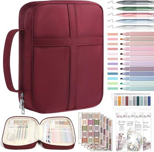 XKDOUS Bible Cover, Large Bible Bag with Durable Handle, Cross Design Waterproof Bible Case with Bible Study Supplies, Christian Gift for Mom, Women and Men (Burgundy)