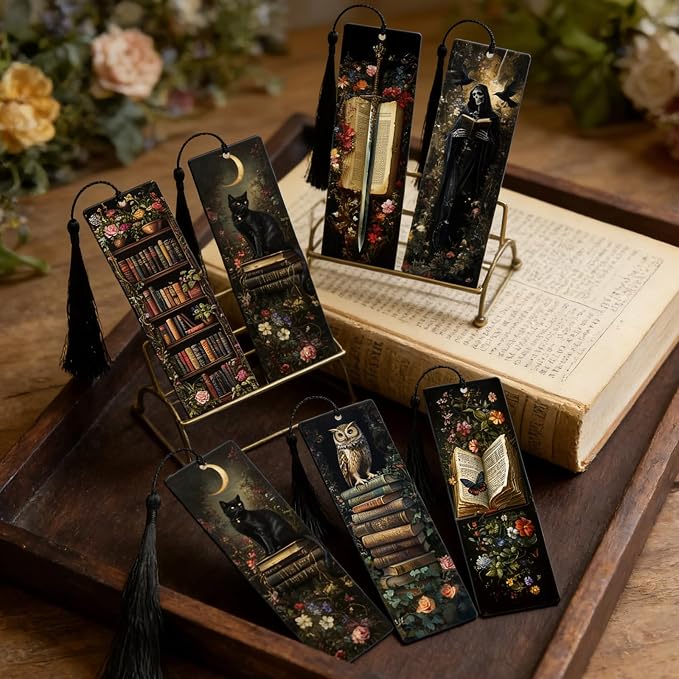 Dark Academia Acrylic Bookmarks Gifts - Hamdwerk 6 Pcs Dark Romance Bookmarks with Tassels Gothic Skeleton Flower Book Marks Page Marker Clip for Women Book Lover Teacher Student Bookish Reading Gift