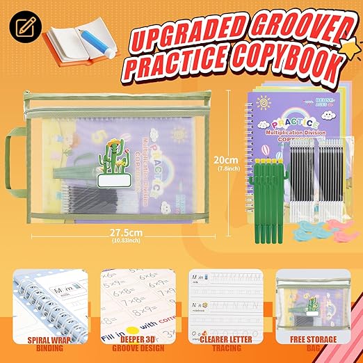 BYFWH Magic Practice Copybook, Reusable Writing Practice Book, Grooved Handwriting Copybook Set for Preschool Kids Age 3-8 Calligraphy 5.7 * 7.9 inch (5 PCS with 5 Cactus Pens & A Storage Bag)