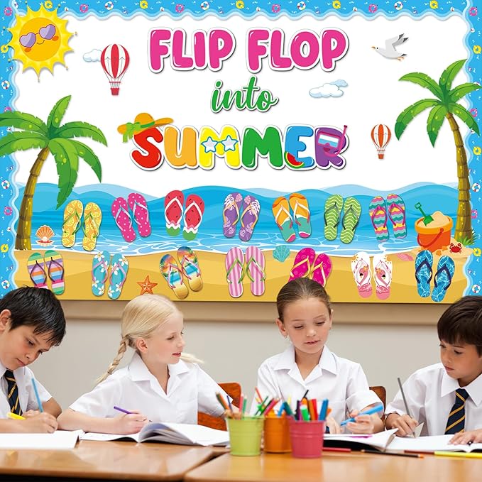 Summer Classroom Bulletin Board Decorations Flip Flop DIY Name Craft Cutouts with Paper Flip Flop Into Summer Cutouts Hawaiian Tropical Bulletin Board for Student Teacher Back to School Supplies