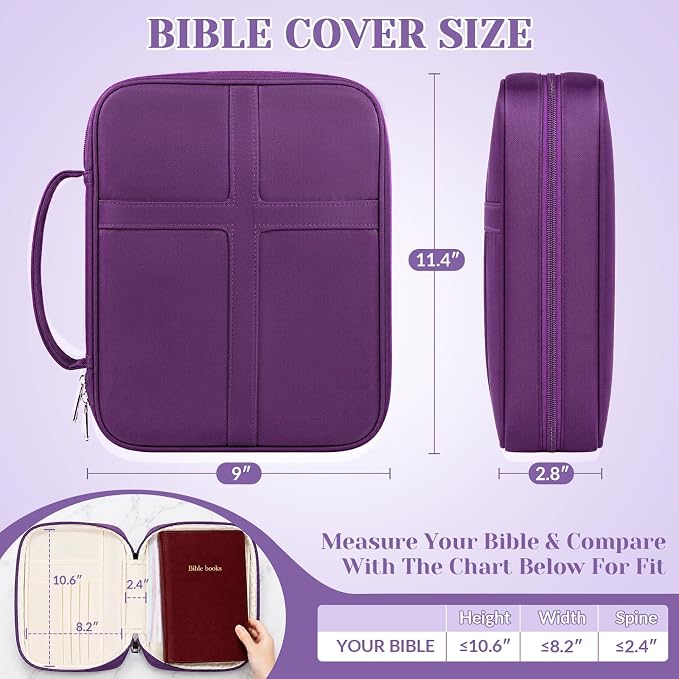 XKDOUS Bible Cover, Large Bible Bag with Durable Handle, Cross Design Waterproof Bible Case with Bible Study Supplies, Christian Gift for Mom, Women and Men (Purple)