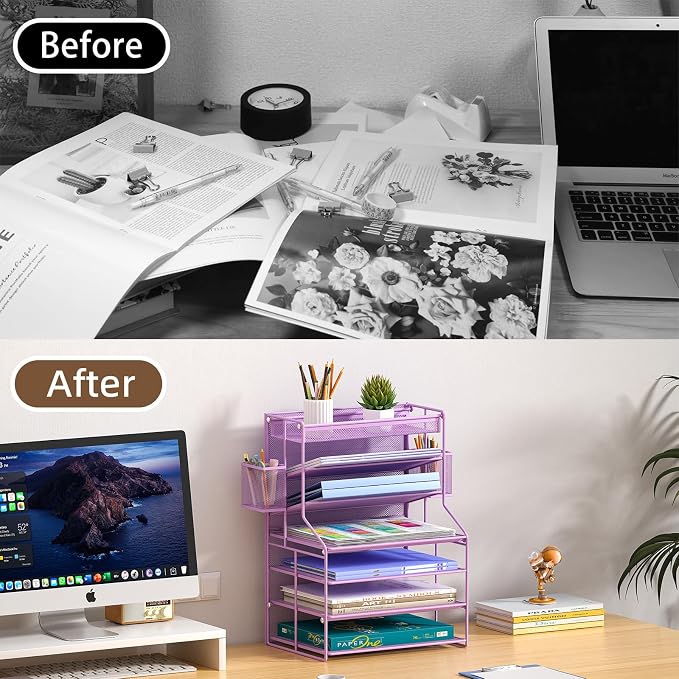 Purple 7 Tier Desktop File Organizer, Letter Tray Paper Organizer with Pen Holder and Metal Hanging Basket, Vertical Desk File Holder for Home Office Organization