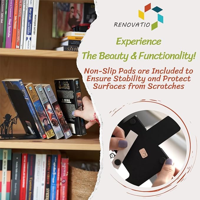 Renovatio Black Metal Bookend – Cute, Unique, Geeky Decor for Home, Office & Kids Room – Heavy Duty, Non-Slip Minimalist Bookends for Shelves – Master
