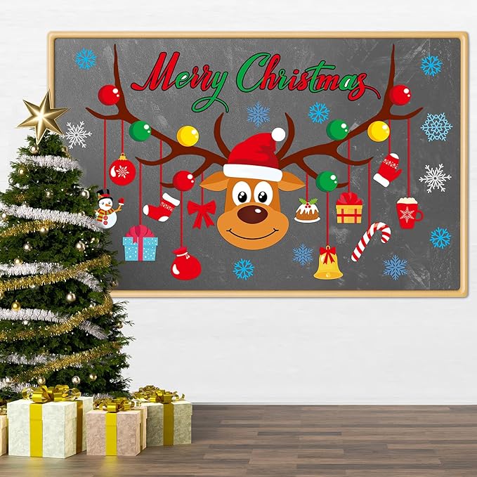 Christmas Bulletin Board Set Classroom Decorations Large Elk Snowflakes Paper Cutouts Merry Christmas Bulletin Boards Xmas Classroom Supplies for Kids Winter School Nursery Home Chalkboard Wall Decor