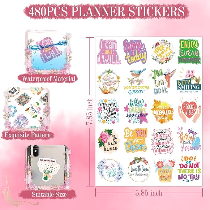 480 Pieces Inspirational Quote Daily Planner Stickers for Women Journaling Calendar Scrapbook Stickers Aesthetic 24 Sheets Motivational Waterproof Sticker for Kids Teachers Water Bottle