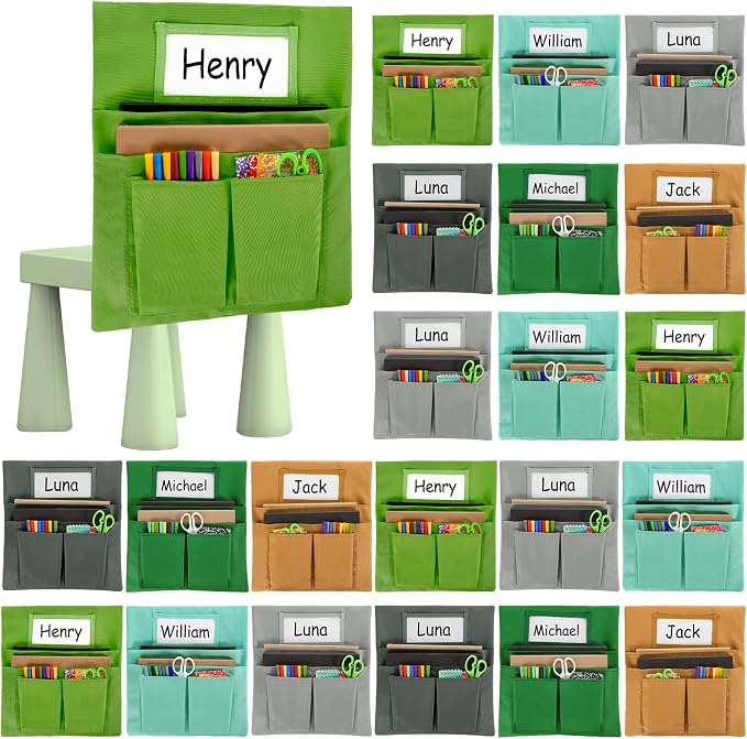 gisgfim 24 Pcs Small Chair Pockets for Classroom 13 x 14 Inch Bag with Name Tag Multi Pockets Chairsback Pouch Organizer for Student Kindergarten Elementary Daycare (Greenery)