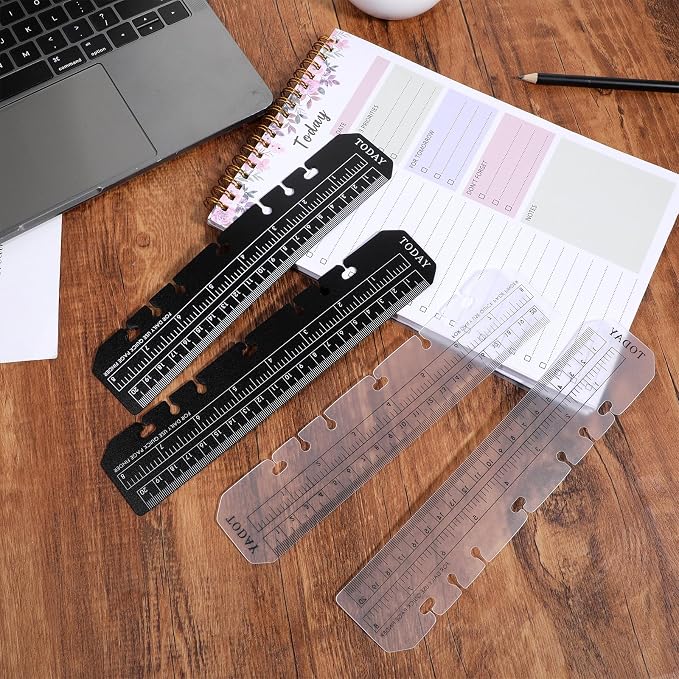 Bookmark Rulers, 4 Pcs Black and Clear Plastic Binder Ruler Notebook Rulers A5 6-Ring Page Marker Divider Pagefinder Measuring Today Ruler with Holes Book Marker