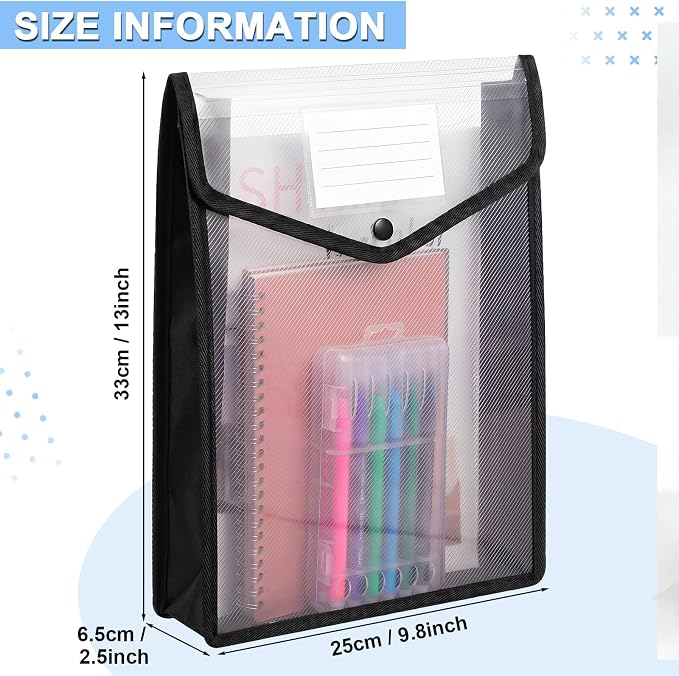 Epakh 10 Pieces Plastic File Folders Envelope Expanding File Wallet Organizer Documents Folder with Snap Closure and Pocket, A4 Size Waterproof Transparent Pouch(Black,Vertical)
