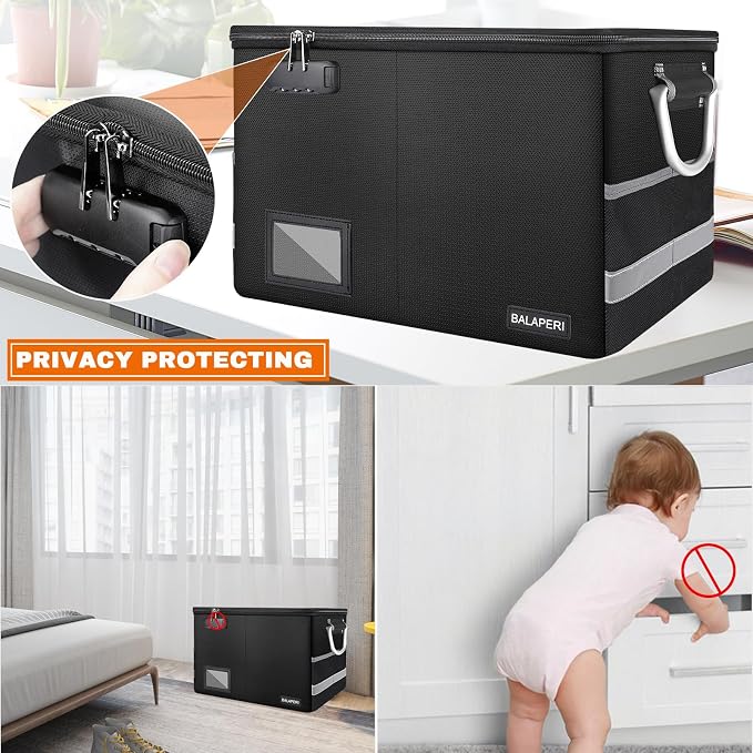 BALAPERI Fireproof Document Box with Lock, Portable File Box with Handle, Locking File Organizer Storage Box for Legal/Letter Size Hanging Folders, Collapsible,16.1" x 12.9" x 11"