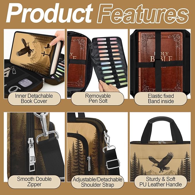 Eagle Large Bible Bag with Bible Cover Case for Men Women, Church Bag Book Carrying Case w/Shoulder Strap Handle Zipper Pocket, Bible Study Supplies Journaling Kit Accessories Christian Gift