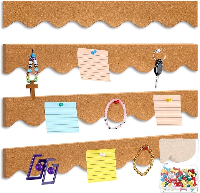 CroBlissful 4 Pcs Cork Strips Bulletin Bar Strip for Wall 14. 5 x 2 Inch Frameless Cork Board Strips with 50 Push Pins, Self Adhesive Backing, for Classroom Office Home Cubicle (Waved Style)