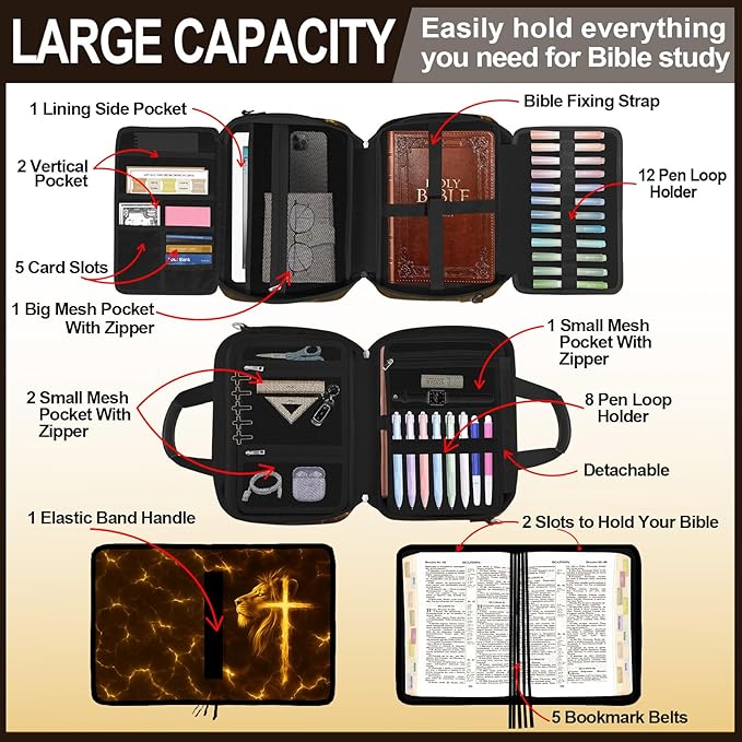 Lion Cross Bible Cover Case for Boys Kids, Large Men Bible Carrying Book Case Church Bag with Handle Zipper Pocket, Bible Study Supplies Journaling Kit, Highlighters Tabs Pens Cross Clips