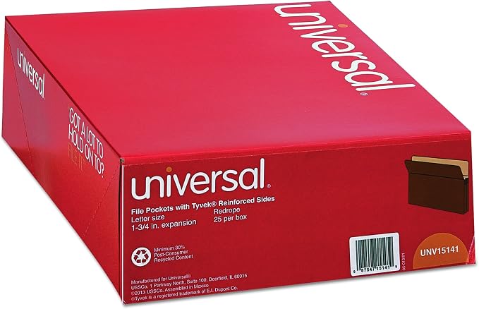 Universal 1 3/4 Expanding File Pockets, Straight Tab, Letter, Redrope/Manila, 25/Box (15141)