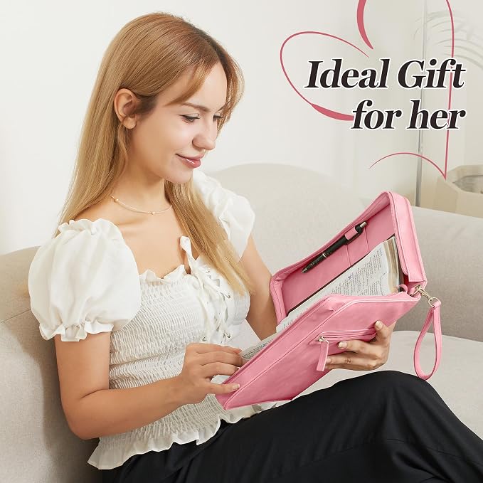 Leather Bible Cover for Women – Large Zippered Case with Handle and Pockets, Floral Book Protector for Study or Church, Christian Gift for Girls and Women, Large Size Bibles (Pink)