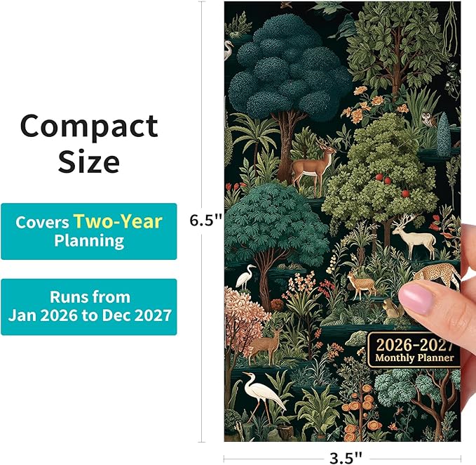 Pocket Calendar 2026-2027 for Purse, Two Year Monthly Planner Pocket Size 6.5" x 3.5", Jan 2026 - Dec 2027 Monthly Planner Small Calendar for School, Work and Home - Enchanted Grove