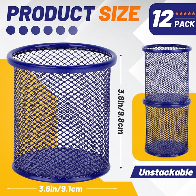 Segarty Pen Cup Holder for Desk, 12 Pack Round Dark Blue Pen Holder, Wire Mesh Pencil Cups Organizer Set for Office Supplies, School Classroom, Desktop Accessories, Makeup Brush