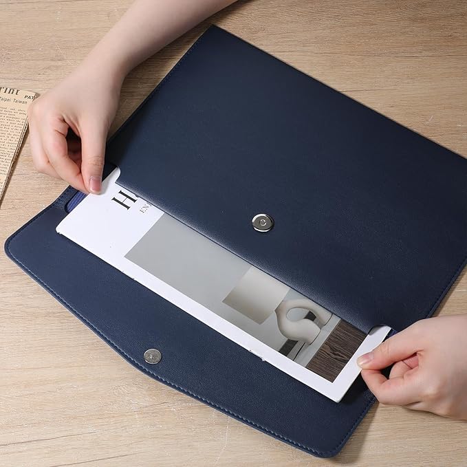 Leather Document Folder, A4 File Document Holder Waterproof Portfolio Envelope PU Leather Folder Case with Snap Button Closure for Letter Size, Travel, Resume, Blue