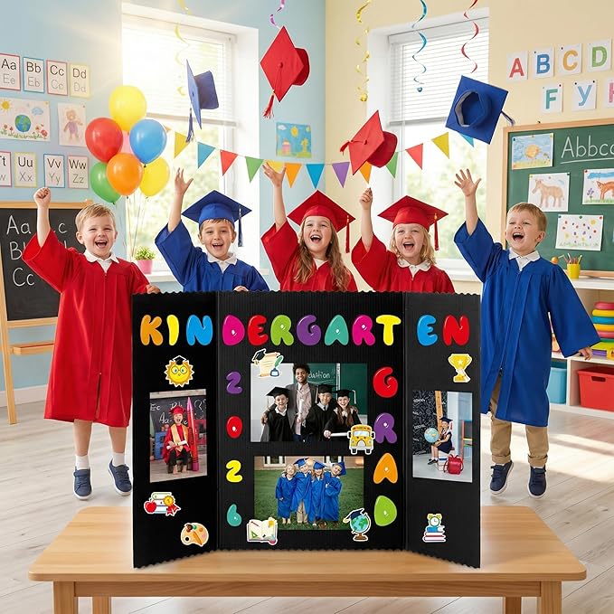 ANGOLIO Kindergarten Graduation Photo Display Board - 4 Sets Graduation Photo Trifold Poster Board with 16 Grad Themed Sticker for 2026 Grad Party Decoration Picture Collage Frame Supplies (24” x 16”)